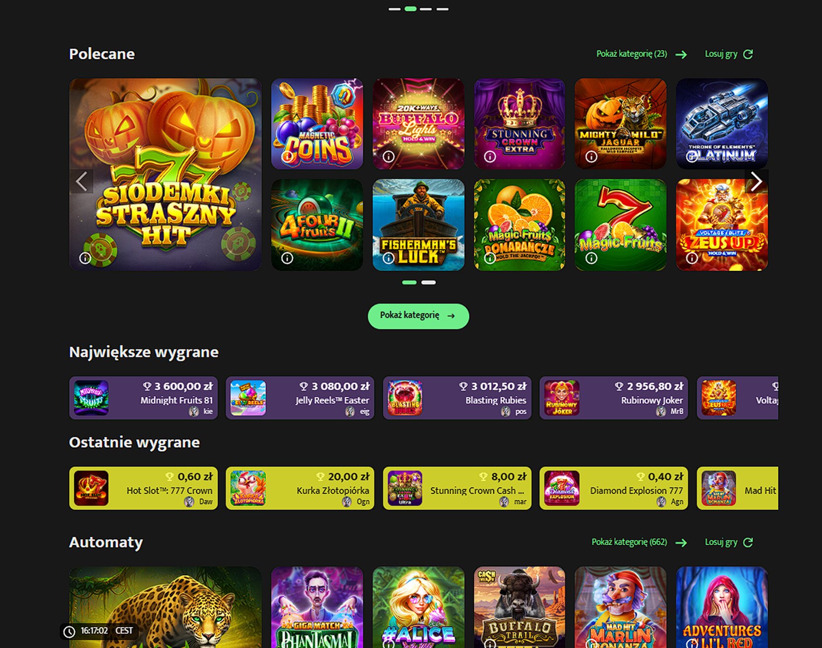 Sloty od Wazdan, Apollo Games, BF Games i Ruby Play w trybie demo w Casino Spinky