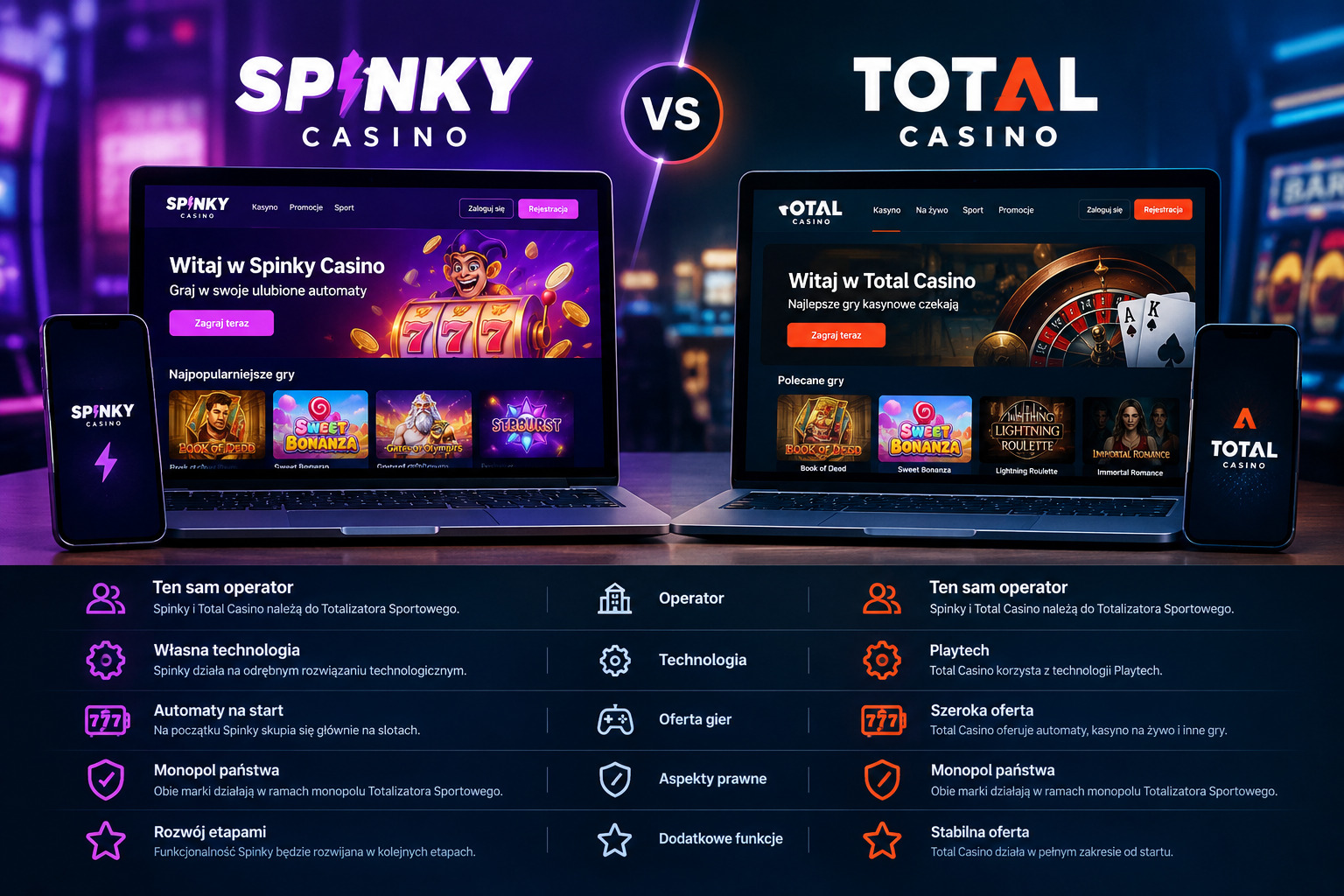 Porównanie Spinky Casino z Total Casino pod względem wypłat i wersji mobilnej