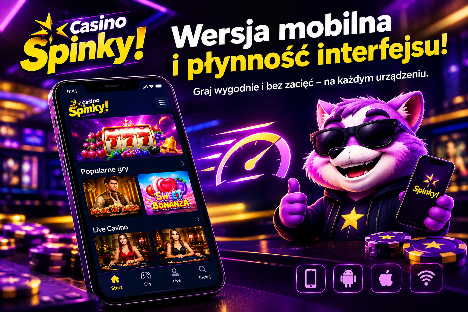 Kasyno mobilne Spinky jako PWA z logowaniem Face ID na smartfonie